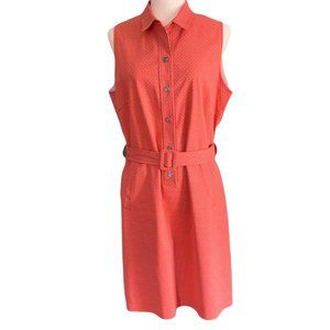 Peachy Pink with Polka Dot Pattern Belted Dress, Size 14